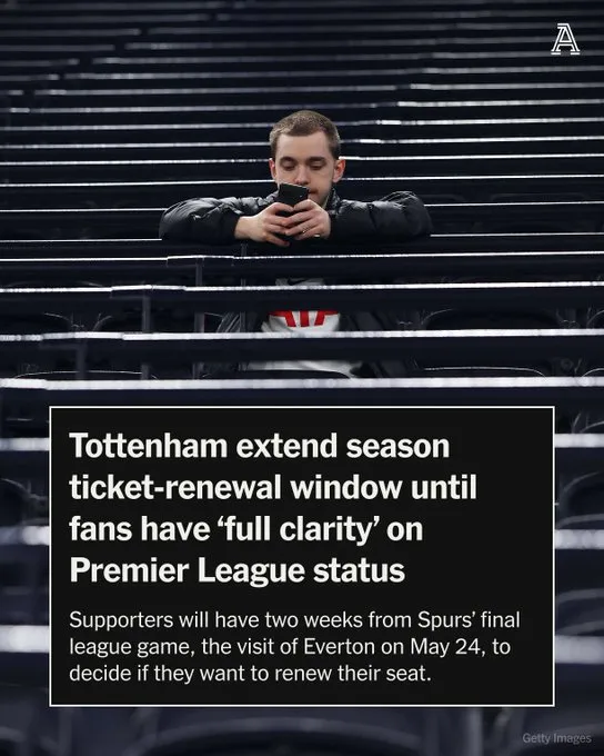 TA：热刺延长季票续费窗口期，待球迷明确保级前景后再决定